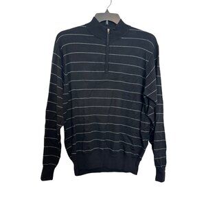 Peter Millar Mens Large Black & Gray Striped Merino Wool Quarter-Zip Sweater